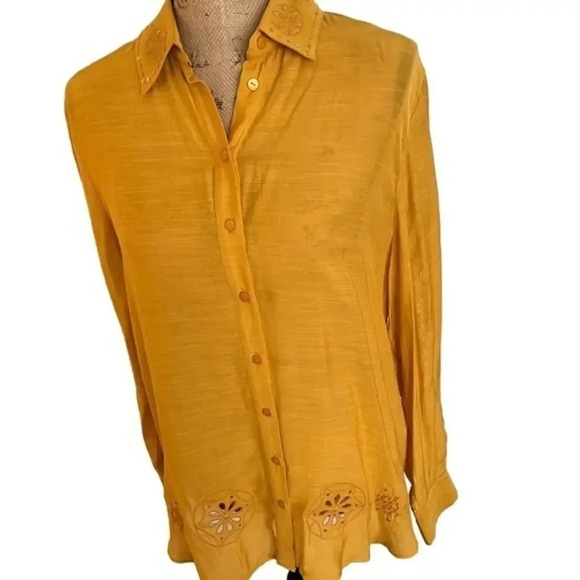 Desigual Be Free To Be‎ Atypical Gold Sequin Cut Out Linen Blouse L - Picture 1 of 7